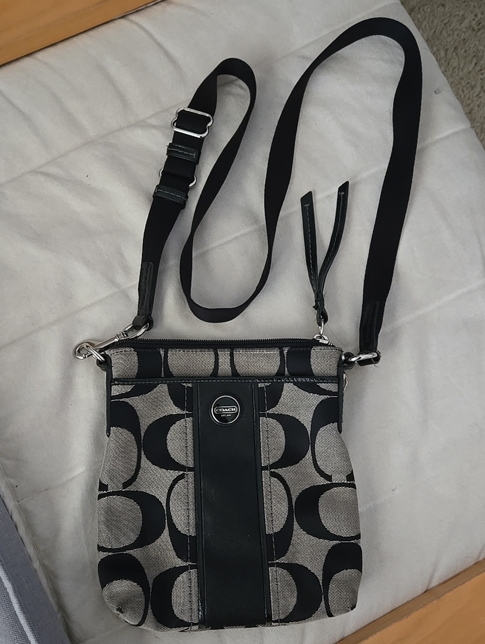 Beige Canvas Crossbody Bag with Black Strap